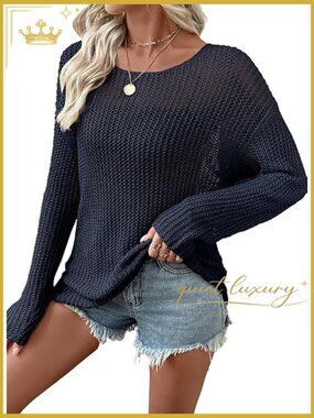 Crochet Hollow Out Long Sleeve Crewneck Pullover Sweater Beach Cover Up